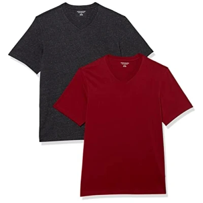 Bild av Amazon Essentials kortärmad v ringad t shirt för män (finns i stor och lång), 2 pack, kolljung/vinröd, Large