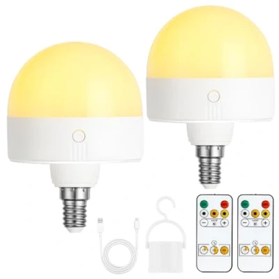 Bild av Uppladdningsbar glödlampa med timer och fjärrkontroll, Dimbar batterilampa magnetisk bas, E14 löstagbar laddningsLED lampa, Icke trådbundna lampor 3 färgtemperaturer, 2 paket