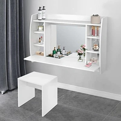 Bild av ML Design Vägghängt sminkbord med pall, spegel och 6 hyllplan, 110x75x48,5 cm, vitt, modernt kosmetikbord för kvinnor tjejer, väggbord sminkbordspall sminkspegel