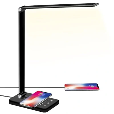 Bild av BIENSER LED skrivbord med trådlös laddare, USB laddningsport, bord 10 ljusstyrka, 5 belysningsfärger, dimbara ögonvårdande skrivbordslampor för hemmakontor, pekkontroll, 30/60 min