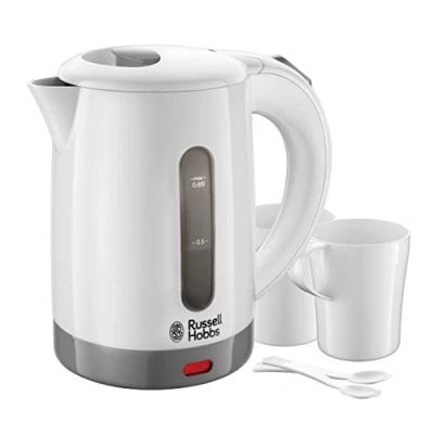 Bild av Russell Hobbs vattenkokare, 0.85l, 1000W, voltomställning för hela världen, inkl. 2 koppar &amp; teskedar, perfekt hällpip, kompakt liten resvattenkokare, 23840 70