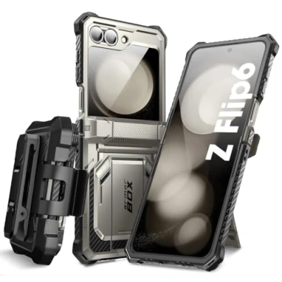 Bild av i Blason Fodral för Samsung Galaxy Z Flip 6 med Stativ, [Inbyggt Skärmskydd] [Gångjärnsskydd] [Bältklämma], Militärt Helkroppsfodral, Armorbox serien (Titangrå)
