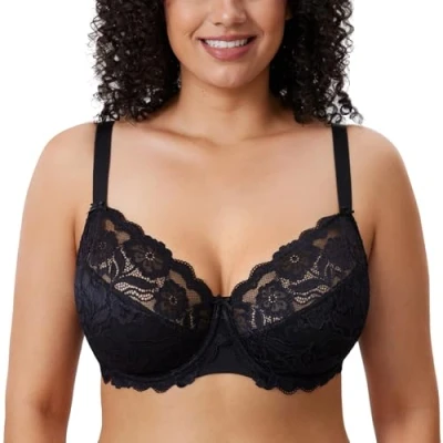 Bild av DELIMIRA Kvinnors Plus Size Bh Heltäckande Ofodrade Bh:ar Med Spets Svart 70H