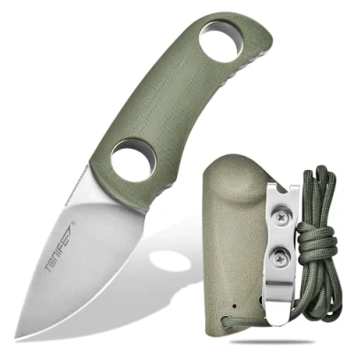 Bild av TONIFE 4,7 cm fast bladkniv, minihalskniv med Kydex fodral och snodd, bärbar EDC kniv för överlevnad utomhus (grön + satin)