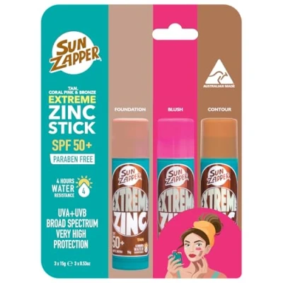 Bild av Sun Zapper Extreme Zink Sunscreen Stick Beauty Pack SPF 50+ Solblock i ljusbrun, brons och rosa Tillverkad Australia