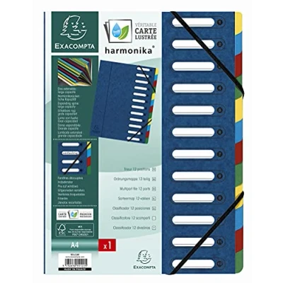 Bild av Exacompta Ref 55122E 1 HARMONIKA sorteringsverk med resårer och utskurna fönster glansigt papphölje expanderbar baksida 12 fack för A4 storlek 24,5 x 32 cm färg blå