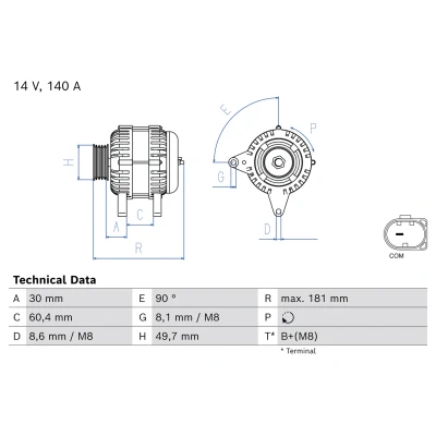 Bild av BOSCH 0 986 086 090 Alternateur 14V 140A VOLKSWAGEN: Polo V 3/5 portes, Golf 7, VI, SEAT: Ibiza 4, 4 ST, Leon III portes
