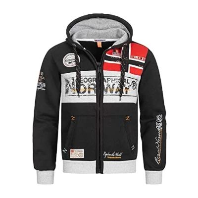 Bild av Geographical Norway huvtröja med dragkedja för män, bekväm sweatshirt, logotyp, långärmad, varm, året runt bruk, Svart, L