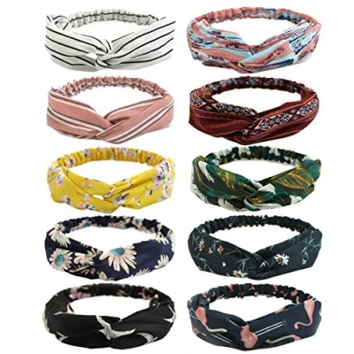 Bild av DRESHOW 10 Paket Boho Pannband för Kvinnor Vintage Blomma Tryckt Criss Cross Knotted Elastiskt Hårband Stretchy Head Wrap Twisted Cute Hårtillbehör