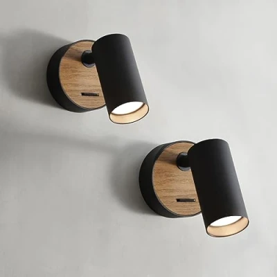 Bild av ouglres svart vägglampa med strömbrytare, 2 pack trä retro väggspot av aluminium lampskärm roterbar, inomhus kompakt säng sovrum vardagsrum, GU10