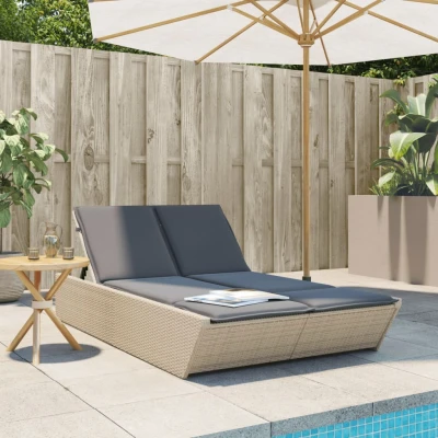 Bild av vidaXL Dubbel solsäng med dynor beige konstrotting