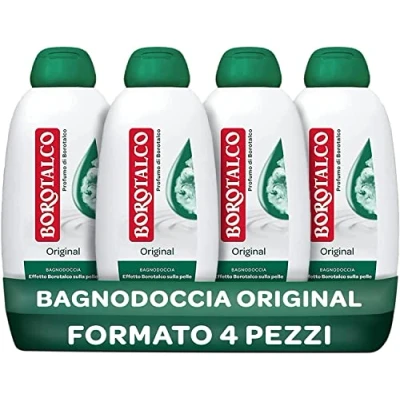 Bild av Borotalco original duschbad med borotalkusdoft, formel fuktgivande effekter, borotalkumeffekt på huden, dermatologiskt testad, 4 flaskor à 600 ml, ml (4 pack)