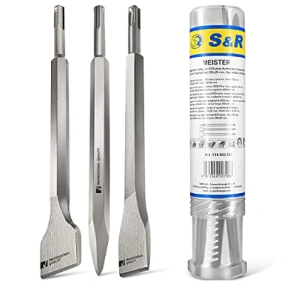 Bild av S&amp;R Mejselset SDS plus 3 delar, mångsidigt användbara, mycket lång livslängd; Plattmejsel, Spade mejsel, Spetsmejsel.