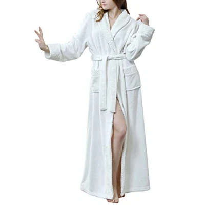 Bild av Kinloy Dam fluffig fleece mjuk och mysig morgonrock bekväm lång husrock frotté handduk rock lätt lurvig lyxig full längd badrock nattkläder, Vitt, M