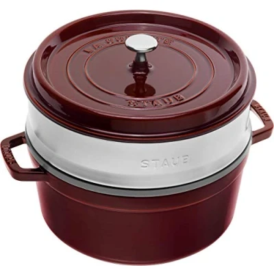 Bild av STAUB emaljerad gjutjärnsgryta/Cocotte, Med ångkorg, Diameter: 26 cm, 5,2 l, matt svart stek emalj på insidan, grenadin