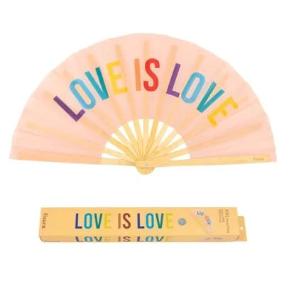 Bild av Fisura Stor hopfällbar &quot;Love is Love&quot; fläkt, originalfläkt med stort regnbågsbudskap, XXL, fläkt i bambu. Storlek: 64 x 33 cm.