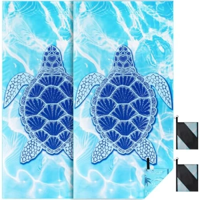 Bild av Strandhandduk xxl set om 2 90 X 180 cm, stor snabbtorkande mikrofiberhandduk, sandfri badlakan, strandfilt för kvinnor (Blue Turtle 2)