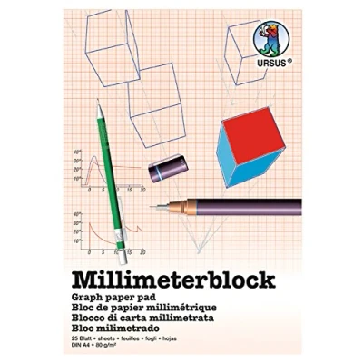 Bild av Ursus 7054600 millimeterblock, DIN A4, 80 g/kvm, 25 ark, rutnät 1 mm, rött tryck, med rutnät, tillverkat av träfritt, vitt skrivpapper, perfekt för tekniska ritningar