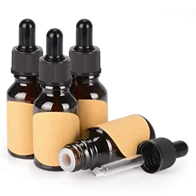 Bild av stonylab Glas Droppflaska 4 Pack, Tom Glasflaska med Konglasdroppare, Inre Propp och Etikett för Eteriska Oljor, Aromaterapidofter (15 ml, Brun)
