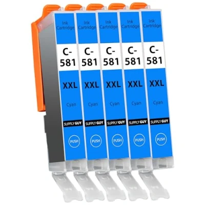 Bild av Supply Guy 5 XXL bläckpatroner met chip kompatibel med Canon CLI 581 Cyan för Pixma TR7500 TR7550 TR8500 TR8550 TS6100 TS6150 TS6151 TS6300 TS6350 TS8100 TS8150 TS8151 TS8152 TS8350 TS9150 TS9155