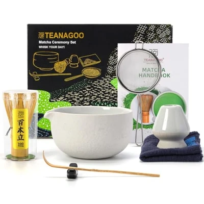 Bild av Japansk teuppsättning (7st) Matcha Whisk Set Bowl with Pouring Spout Bamboo (chasen) Scoop (chashaku) Holder Tea Making Kit. N3, Lt. Grey, grönt tepulver