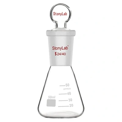 Bild av stonylab Erlenmeyer flaska av glas med stopp, 50 ml borosilikatglas tung murkolv 24/40 standard, konisk ytterfog och glasstopp