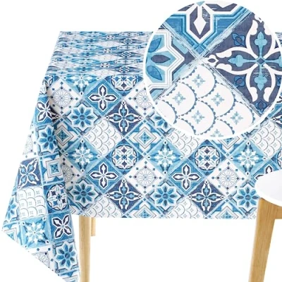 Bild av KP HOME Torka ren bordsduk rektangulär 300 x 140 cm (118 55 tum) marinblå PVC avtorkningsbar plastbordsduk för utomhus vattentät vaxduk 10 sätesskydd med lissabonplattor mönster