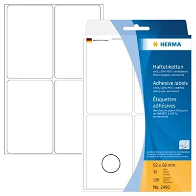 Bild av HERMA 2490 multifunktionsetiketter stora (52 x 82 mm, 32 ark, papper, matt) självhäftande, permanenta hushållsetiketter för handskriven märkning, 128 klistermärken, vit