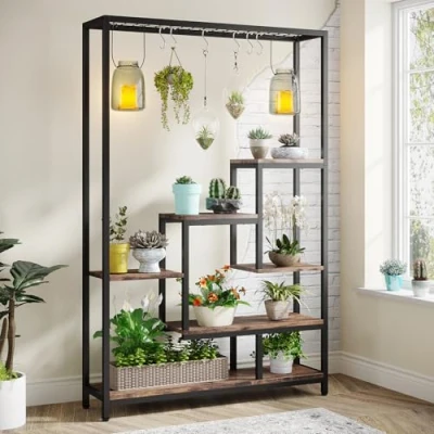 Bild av Tribesigns 5 vånings högt inomhusväxthylla, 180 cm stor växthylla i metall med 10 st hängande krokar, multifunktionellt ställ för visning av blommor, bonsai krukor inomhusbruk, trädgård, balkong,