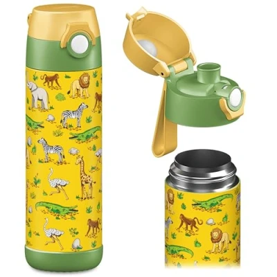 Bild av JARLSON® &quot;MALI&quot; Vattenflaska för barn, termisk rostfritt stål, BPA fri, läckagesäker, barnflaska med tugglock, flaska skola, barnkammare, 350 ml (Safari, 500 ml)