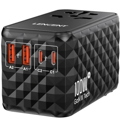 Bild av LENCENT 100W Snabb Laddning Universal Reseadapter över Hela Världen, GaN III Internationell Travel Adapter med 2 PD Typ C+2 QC USB A, Socket Worldwide för DE USA UK AUS CN, C/G/A/I, Svart