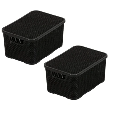 Bild av BranQ Home Essential korg med lock i rottingdesign uppsättning om 2 storlekar M 10 l, BPA fri plast PP, svart, 28,8 x 19,7 16,2 cm, st.