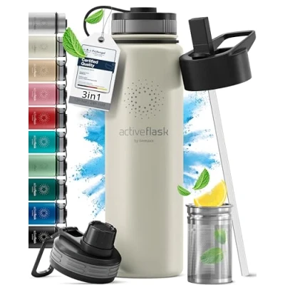 Bild av Vattenflaska i Rostfritt Stål, Isolerad ACTIVE FLASK + 3 Drycker Lock och Sugrör, Läckagesäker &amp; BPA fri Vakuumisolerade 12h Varm/24h Kall Termos Dricksflaska Thermoflaska Sport Camping Gym