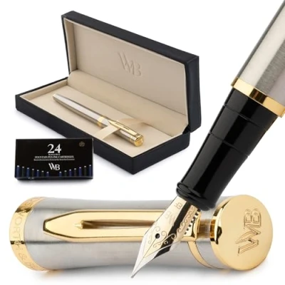 Bild av Wordsworth &amp; Black reservoarpenna set, extra fin spets, inkluderar 6 bläckpatroner och bläckpåfyllningsomvandlare presentask, journaling, kalligrafi guld silver