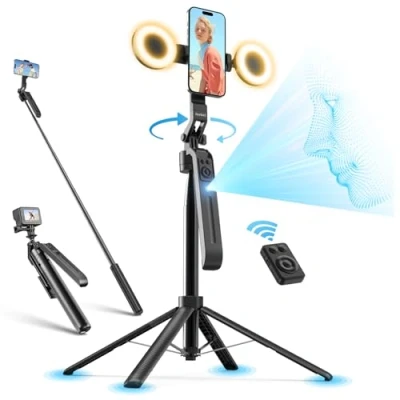 Bild av Jeebel Stativ med Ansiktsspårning, 180cm Utdragbart Selfiepinne LED Lampa/Geststyrning/Fjärrkontroll/No App/360Roterbar Lätt Gimbalstabilisator för Mobiltelefon Action Cam DSLR Video Live Vlog