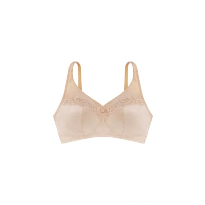Bild av DORINA Teagan ovadderad, trådlös minimerings bh, full täckning med extra breda justerbara remmar, U back kraftnät, satin och spetsdesign, beige, Beige färg, 90E