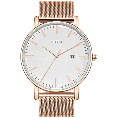 Bild av BUREI Minimalist herrklocka Classy Date Gents klocka med enkel remsa, stor urtavla i rostfritt stål