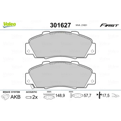 Bild av VALEO 301627 Jeu de plaquettes frein FIRST Essieu avant contact signal d&#039;usure inclus sans tôle anti bruit HONDA: HR V I, CIVIC 6 Fastback