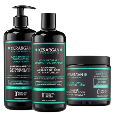 Bild av Kerargan Kit Shampoing, Après Shampoing et Masque à l’Huile de Coco d’Argan Pour Cheveu Cassant Sans Sulfate, Paraben, Silicone 3x500 ml