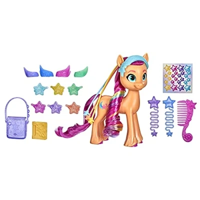 Bild av My Little Pony: A New Generation Rainbow Reveal Sunny Starscout 15 cm orange ponny leksak med regnbågsfläta, 17 tillbehör flerfärgad F1794