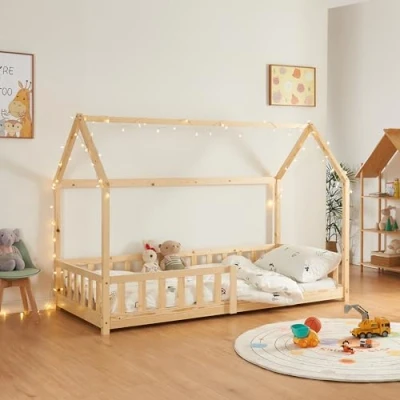 Bild av [en.casa] Barnsäng Hesel hussäng träfärgad 90 x 200 cm med felskydd och ribbotten golvsäng ungdomssäng träsäng