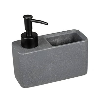 Bild av WENKO Diskmedelsdispenser Resa, tvåldispenser för köket i stenutseende med praktisk svampfack, inklusive disksvamp, påfyllningsbar, volym ca 150 ml, 14,5 x 14,3 6 cm, mörkgrå