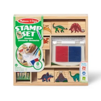 Bild av Melissa &amp; Doug trästämpelset: Dinosaurier 8 stämplar, 5 färgpennor, 2 färgs stämpeldyna FSC certifierad
