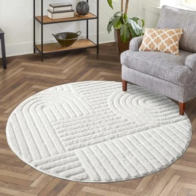 Bild av carpet city Matta med hög lugg, vardagsrum 120 cm rund enfärgad vit/grädde högdjupt mönster/3D effekt geometrisk lurviga mattor, sovrum, boho, Scandi