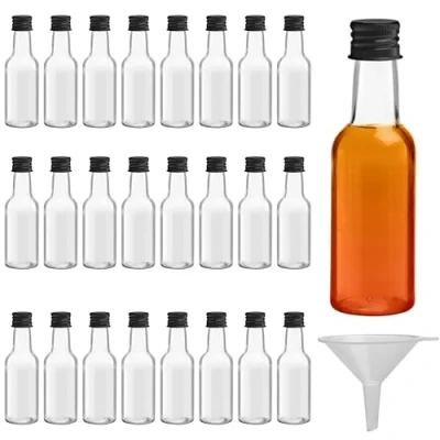 Bild av Belle Vous Små Likörflaskor (24 Pack) Återanvändbar Plast 150ml Tom Flaska med Svart Korkskruv, Vätska Tratt för Enkel Hällning, Fyllning Bröllop &amp; Fest