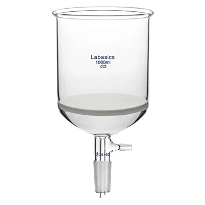 Bild av Labasics Borosilikat Glas Buchner Filtreringstratt med Grov Fritta (G1), 114 mm Innerdiameter, 120 Djup, 24/40 Standard Konisk Innerfog och Vakuumtandad Tubulering, 1000 ml