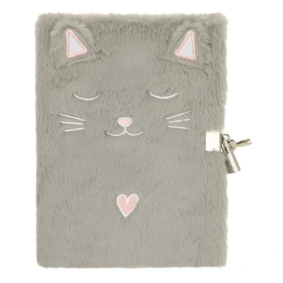 Bild av Draeger Paris Jounal Intime Tema: Cat Plush 14 x 5 19 cm grå med hänglås kokong, hemlighet, integritet, flicka presentidé för vänner, familj, flickvän, födelsedag