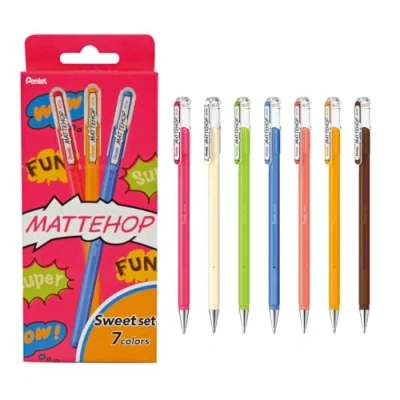 Bild av Pentel K110 V7STA Mattehop gelbläckroller i set söta färger med högtäckande bläck matt finish, 7 blandade