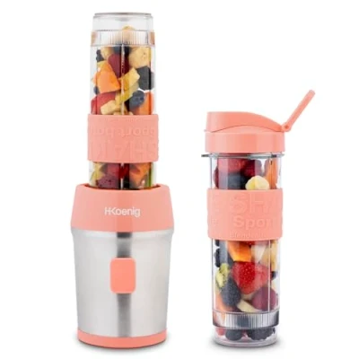 Bild av Mélangeur en verre portable américain H.Koenig SMOO10, pour jus, smoothies, capacité 570 ml, 300 W, comprend 2 bouteilles de sport, acier inoxydable