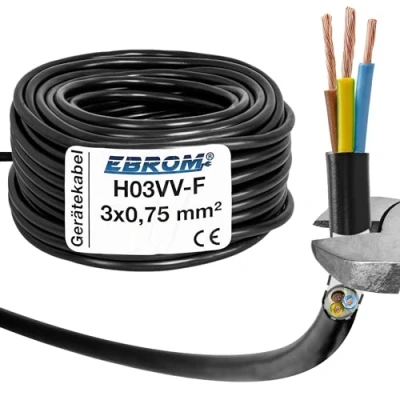 Bild av EBROM Plastslangledning rund, kabel, strömkabel, enhetskabel H03VV F 3 x 0,75 mm² färg: svart, många längder i steg om 5 meter upp till 200 G0,75 mm2, din kabellängd:
